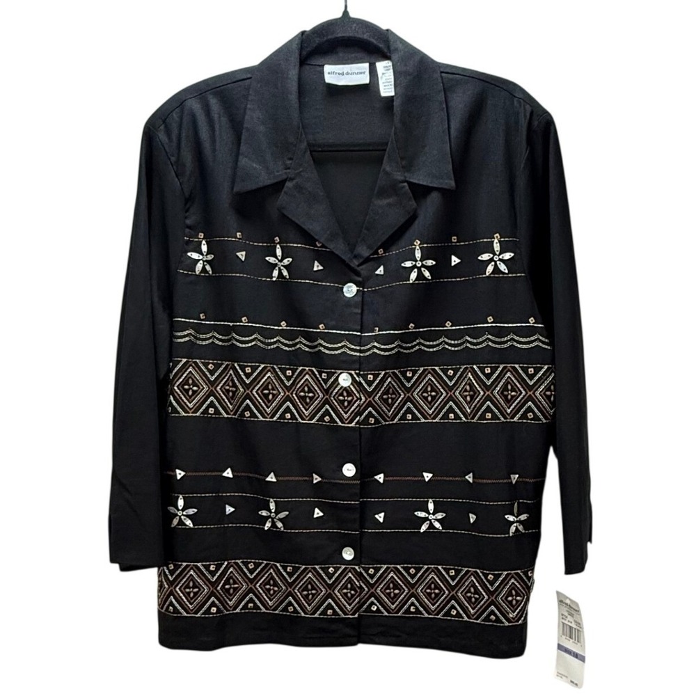 Alfred Dunner Shirt Jacket Size 18 Black‎ Linen Blend Embroidered Beaded Boho
